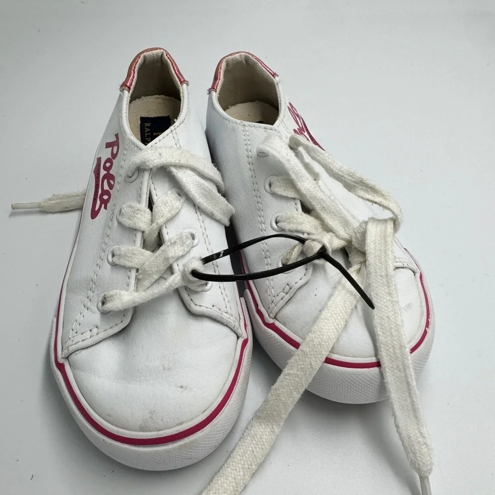 Polo by Ralph Lauren Toddler Girl Size 10 Kids White Sneakers with Pink Accents - Picture 4 of 11